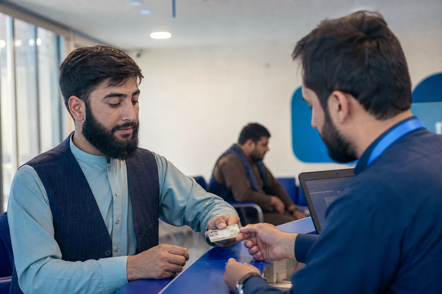 Two Afghan adults in a bright indoor service area reviewing a phone before a document upload, candid and natural